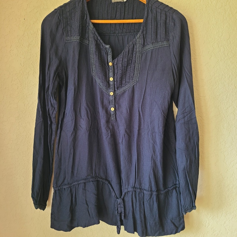Earthbound Trading Co. Womens Medium Navy Cotton Tie Tunic Flowy Blouse‎ Shirt